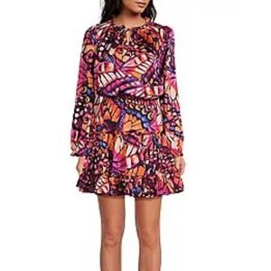 Skies Are Blue Butterfly Print Long Sleeve Tiered Ruffle Dress Women's Size S